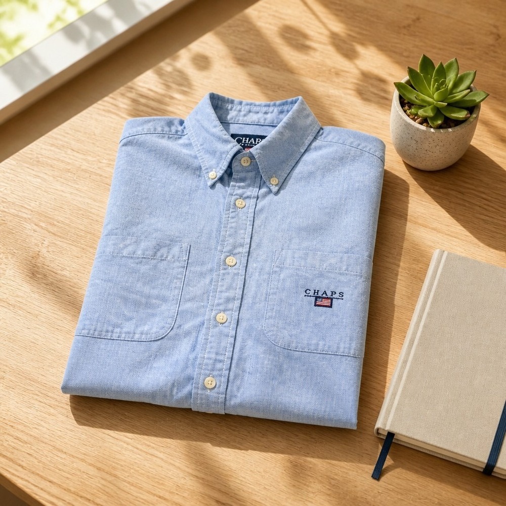Chaps Ralph Lauren Mens XL Short Sleeve Button Down Shirt Blue Chambray Vintage
